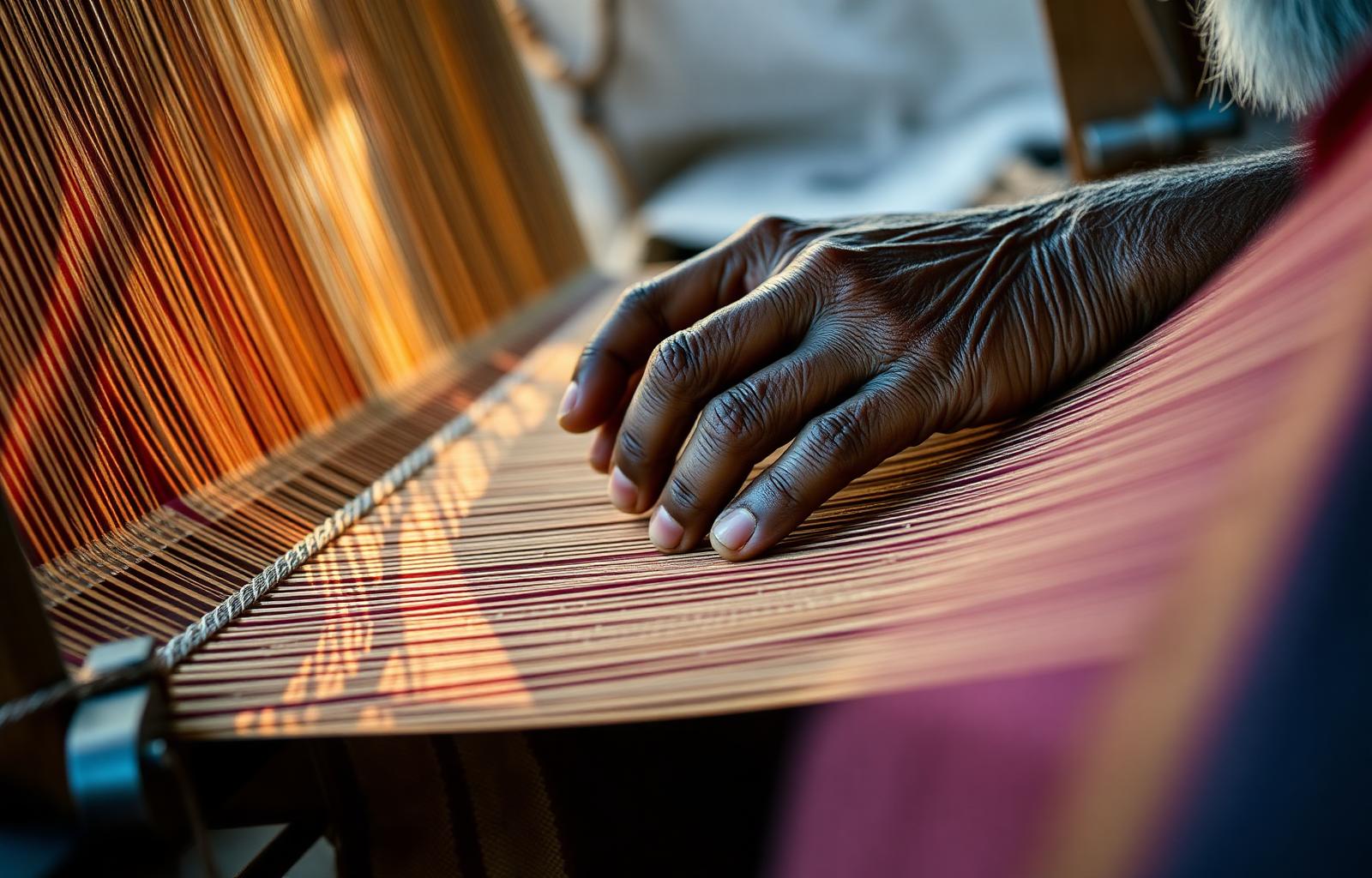 A master weaver's hands at the loom